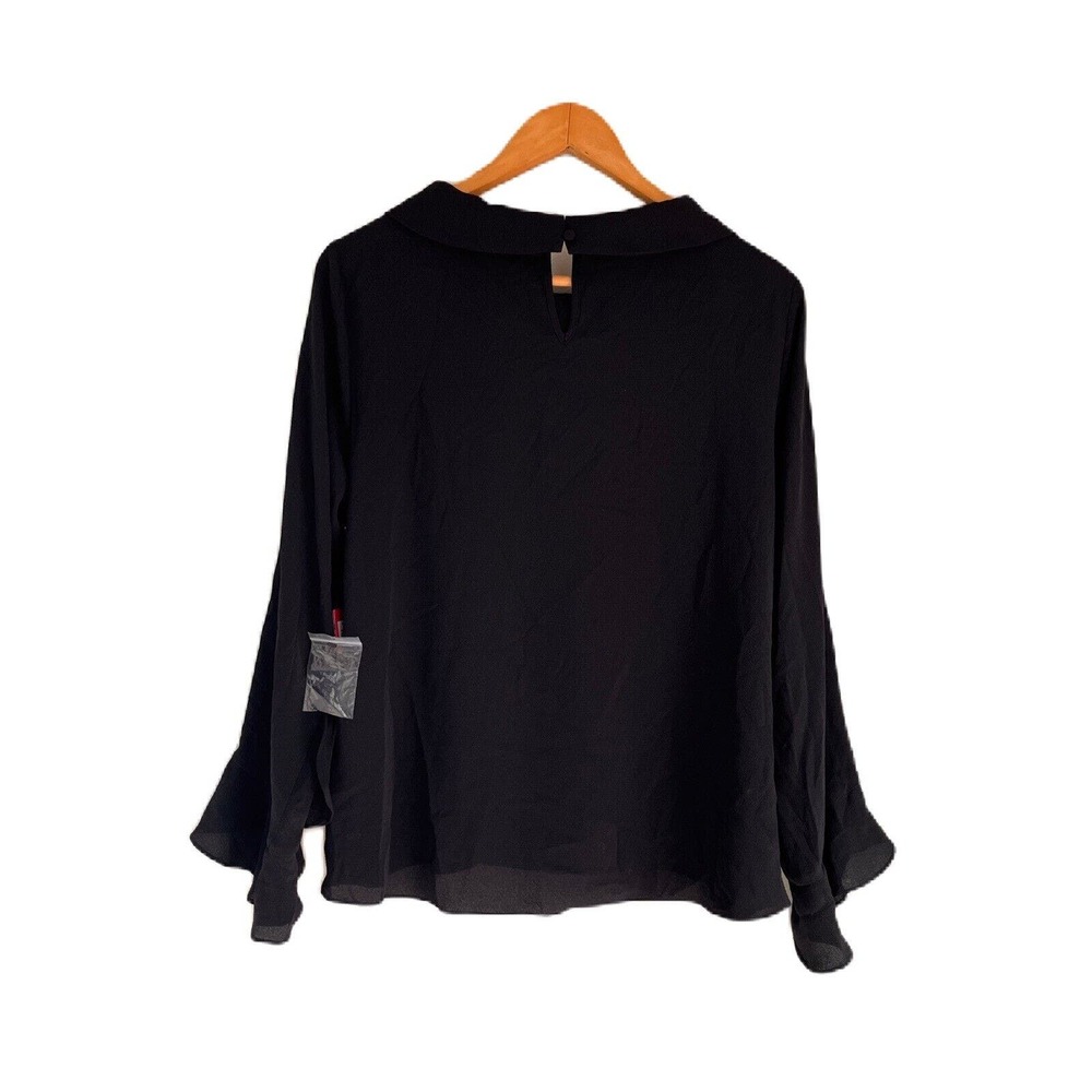 Vince Camuto Women's Rich Black Ruffle Neck Sleeve Keyhole Blouse Top Size Med